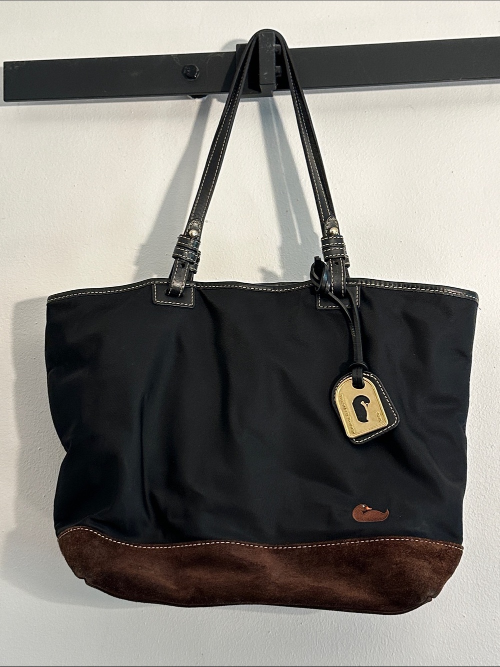 Authentic Dooney & Bourke midsize Black Nylon Tote with Brown Suede Base VGUC
